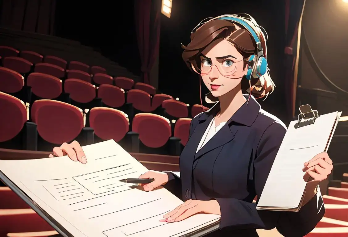 A stage manager wearing a headset, holding a clipboard, with a theater backdrop, showcasing various props and costumes..