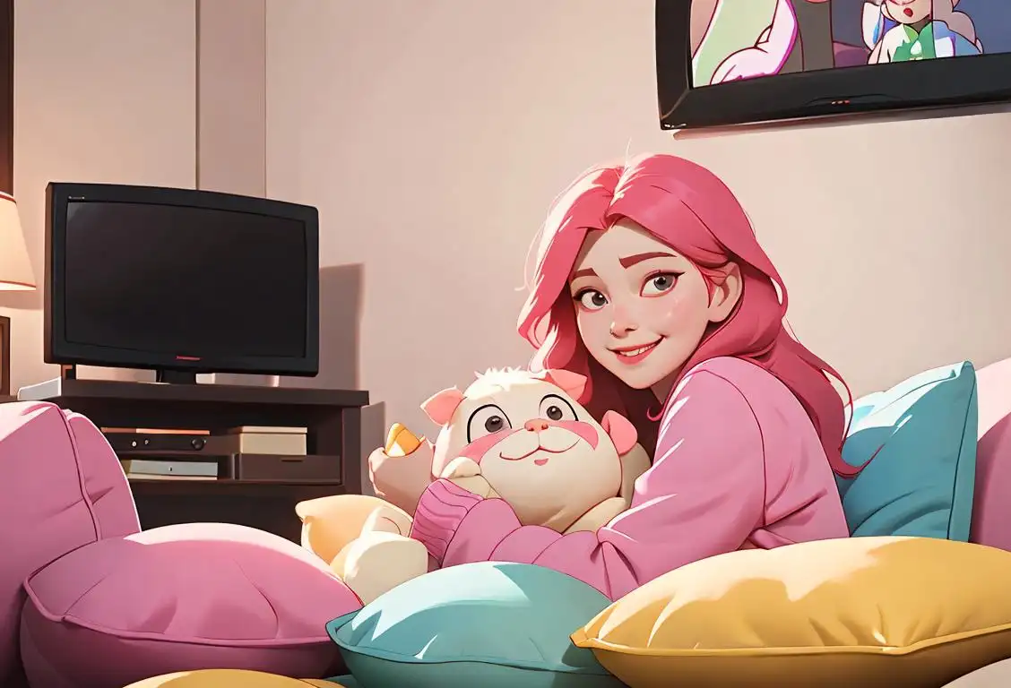 Happily smiling young woman, surrounded by cozy cushions and snacks, watching TV with a group of affectionate moomoos by her side..
