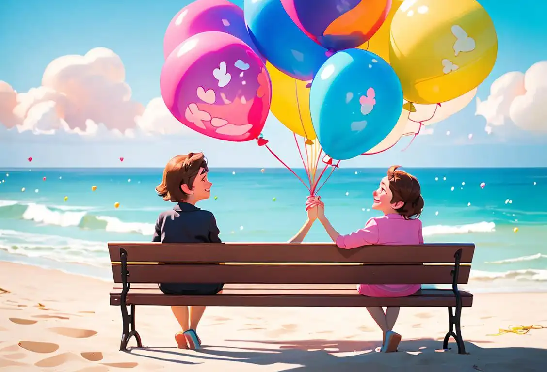 Two friends sitting on a bench, holding hands, surrounded by colorful balloons and smiling faces, beach setting..