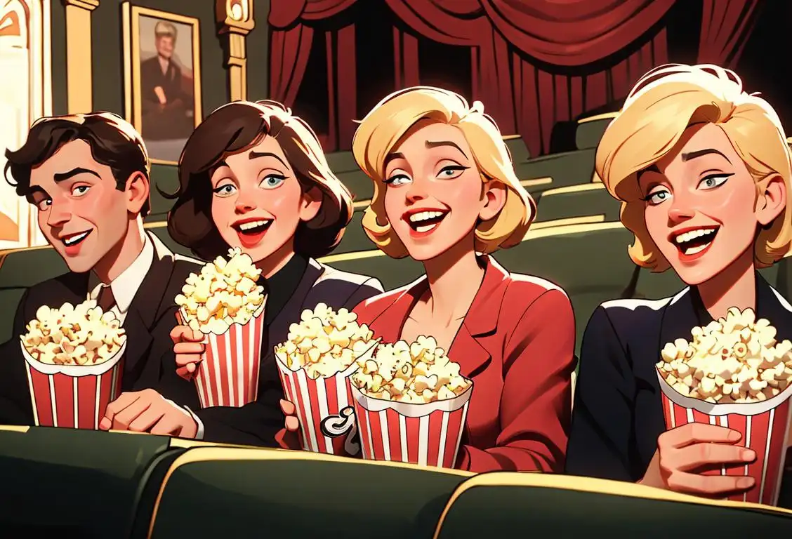 A group of friends, dressed in classic movie attire, laughing and eating popcorn in a vintage cinema theater..
