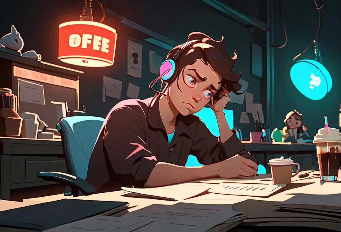 A tired but determined worker in a neon-lit office, wearing headphones and sitting at a desk strewn with coffee cups, celebrating National Third Shift Workers Day..