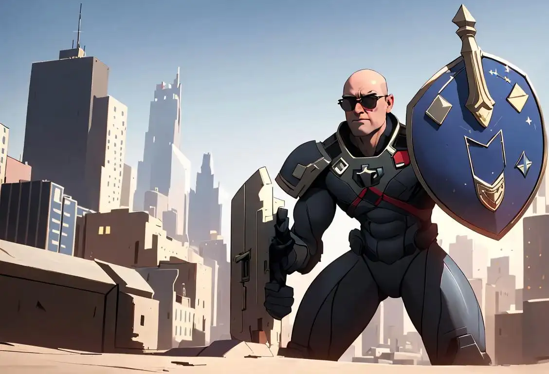 A patriot holding a shield, wearing a suit and sunglasses, in front of a futuristic cityscape..