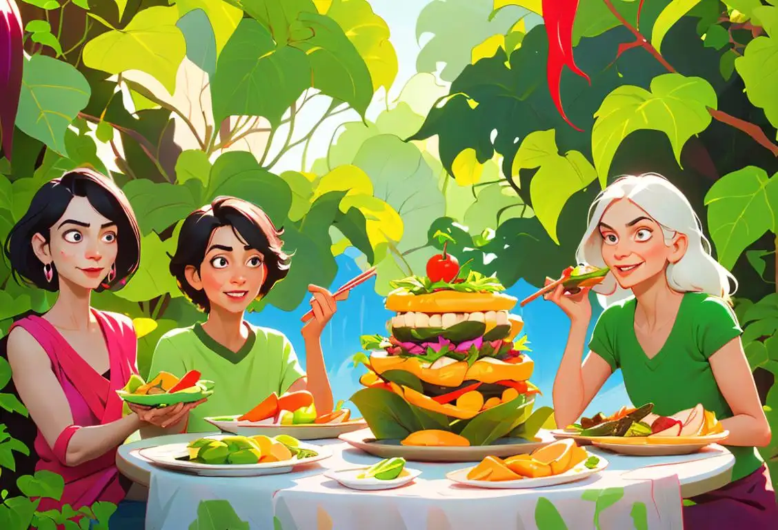 Prepare to celebrate National Vegetarian Day with a vibrant image of a diverse group of people joyfully holding an array of colorful plant-based dishes, surrounded by lush greenery..