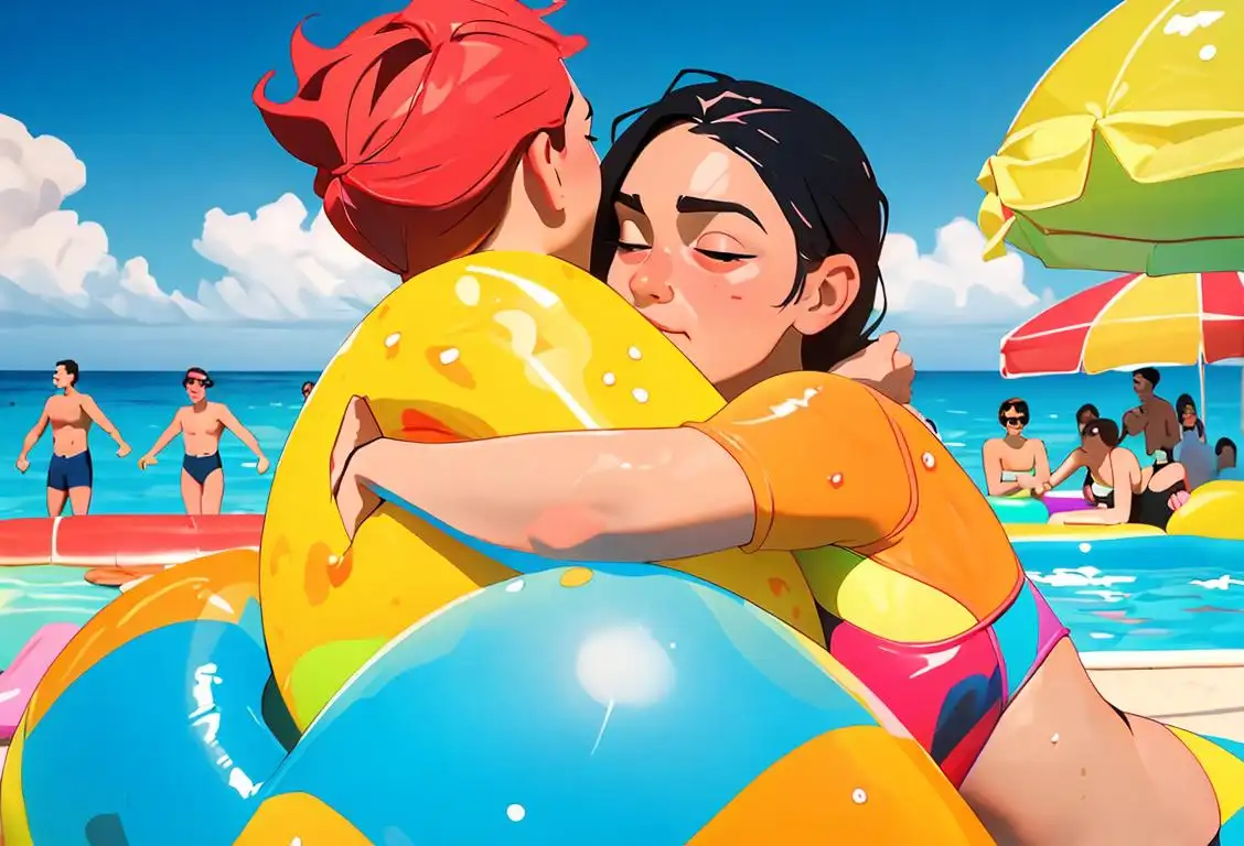 Adult swimmer being embraced by a crowd, wearing colorful swimwear, tropical beach setting, surrounded by inflatable pool toys..