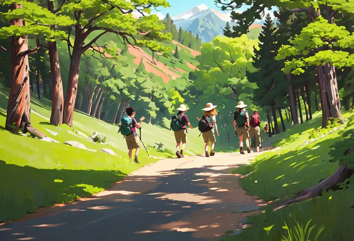 Group of diverse people hiking together in a national park, wearing outdoor gear, surrounded by lush greenery..