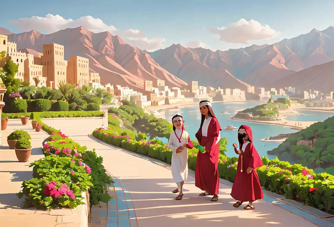 A family exploring the vibrant city of Muscat, wearing traditional Omani attire, amidst a backdrop of breathtaking mountains and lush greenery..