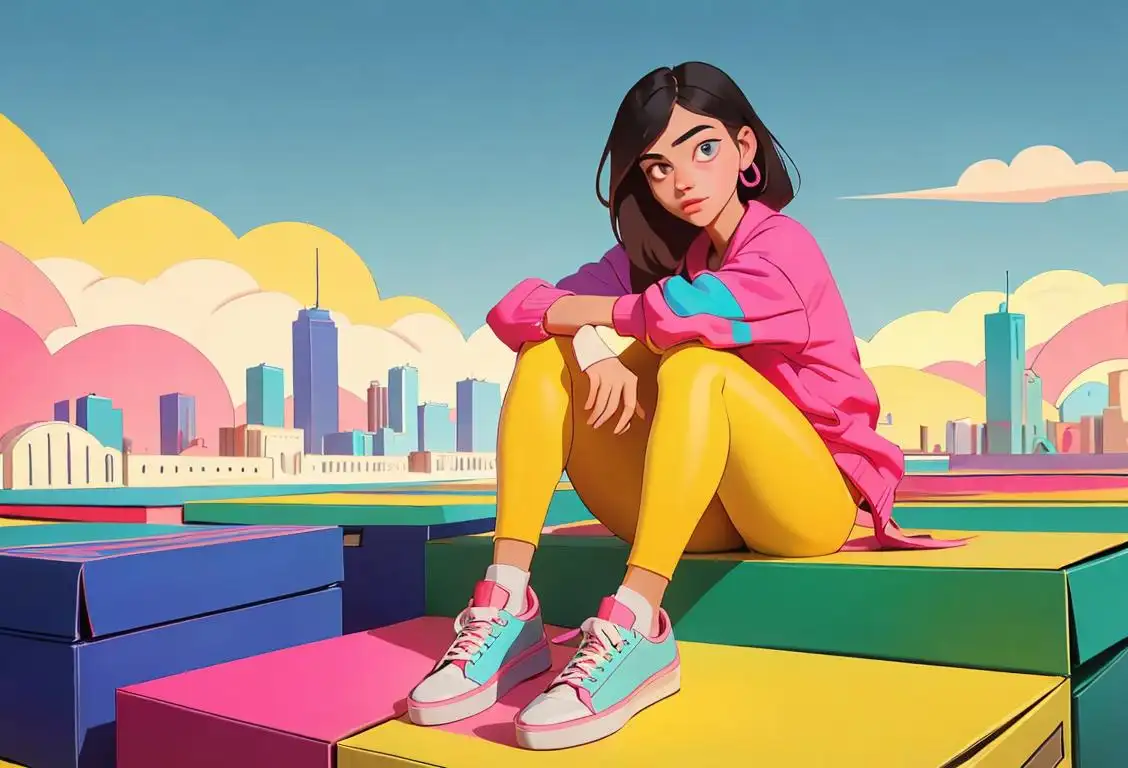 Young woman trying on a pair of colorful sneakers, surrounded by shoeboxes, with a vibrant cityscape as the backdrop..
