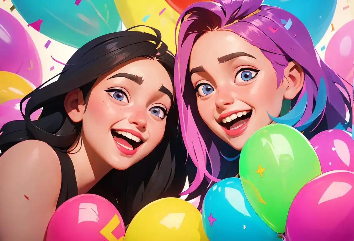 Two young friends laughing together, wearing matching friendship bracelets, against a colorful backdrop of balloons and confetti..