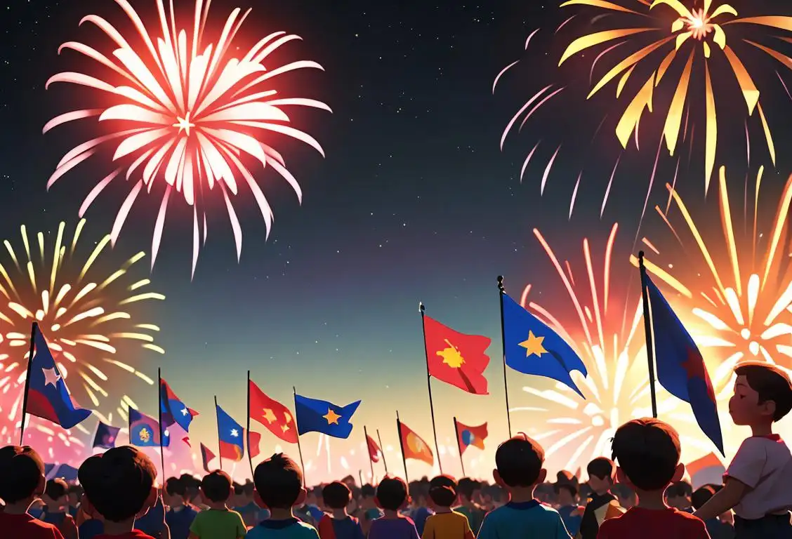 Colorful fireworks lighting up the night sky, families gathered in open fields, children dressed in patriotic attire, and flags waving proudly in the air..