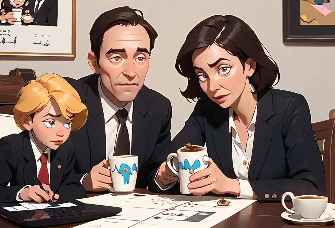 A busy mom and dad wearing business attire, holding coffee mugs, surrounded by toys, laptops, and a family calendar..