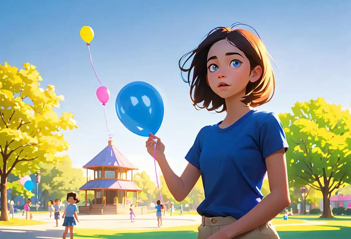 Young girl holding a blue balloon, wearing a blue t-shirt, sunny park setting with families playing in the background..