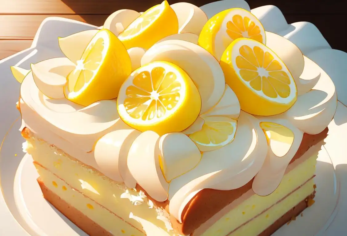Delightful image of a lemon chiffon cake: a slice of light and fluffy cake topped with zesty lemon glaze, surrounded by fresh lemon slices and vibrant yellow flowers..