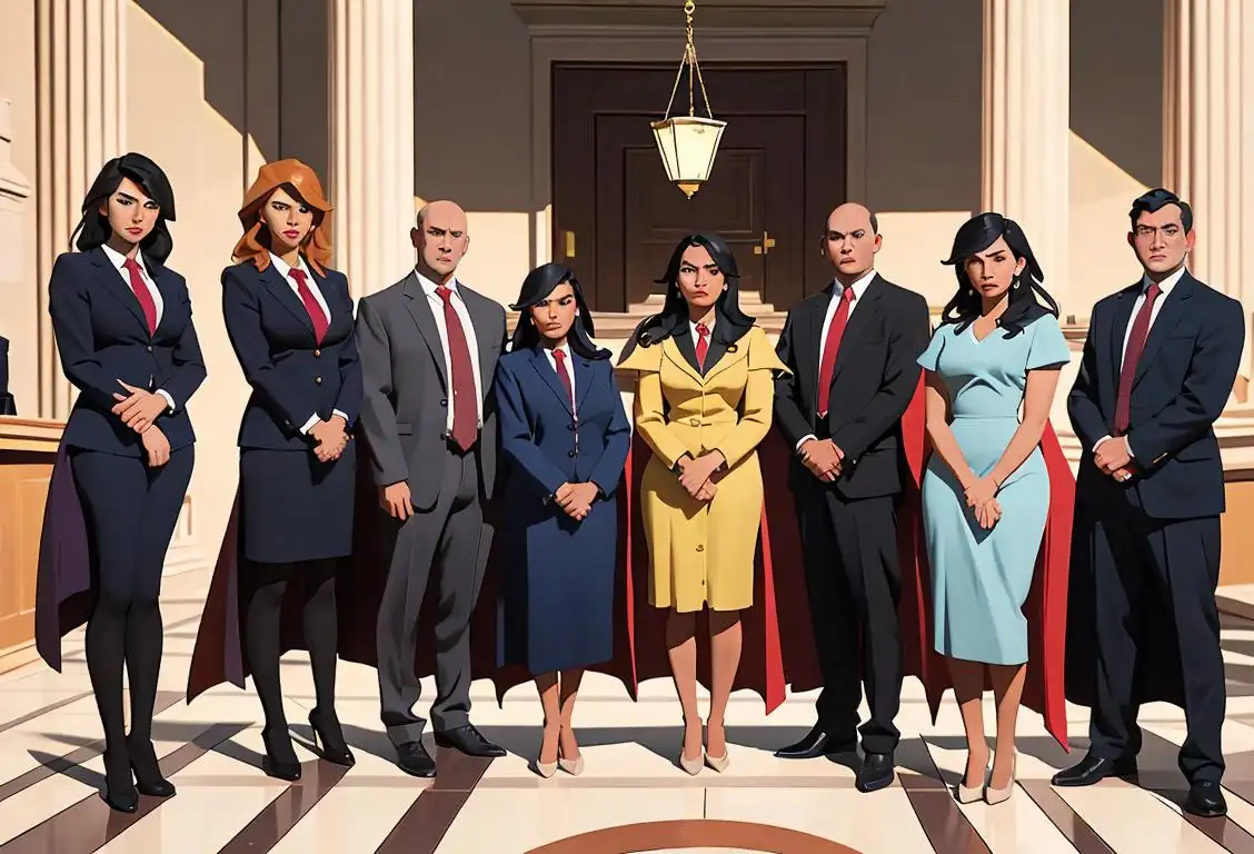 A group of diverse legal professionals dressed in their finest suits, holding gavels, standing in front of a courthouse, symbolizing the superheroes of the courtroom..