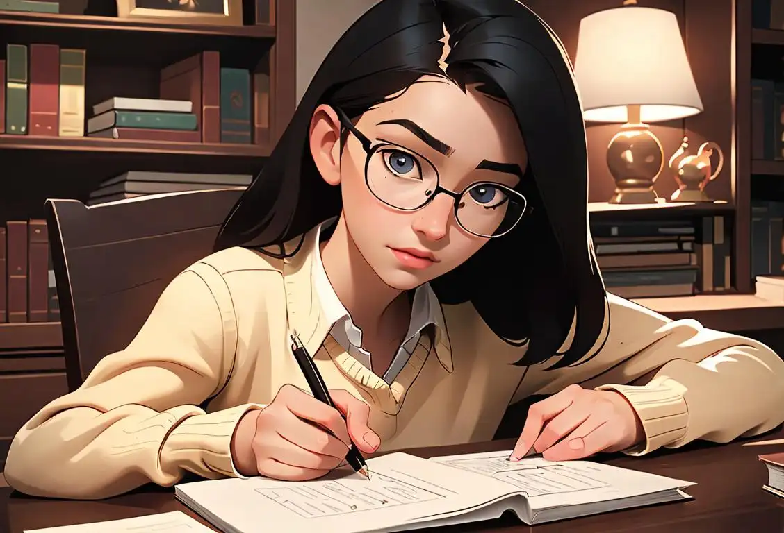 Young woman with a grammar book, holding a pen, wearing glasses, in a cozy home library setting..