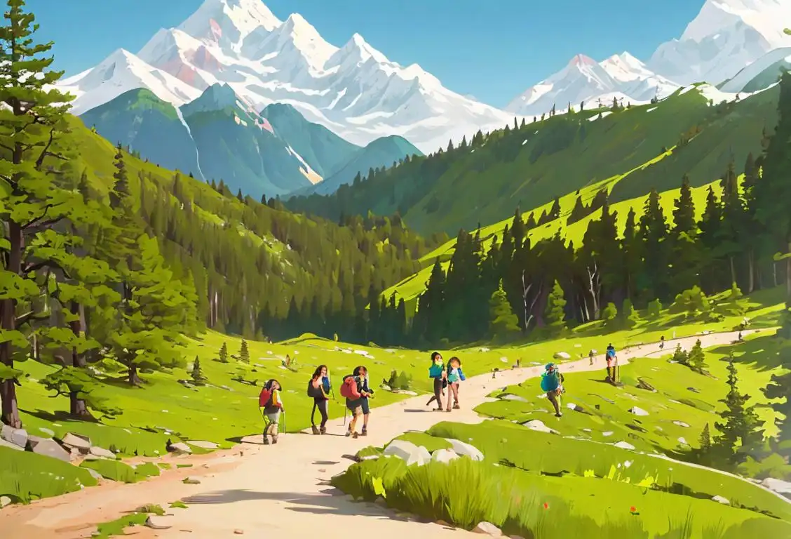 Group of diverse people hiking in a national park, wearing colorful outdoor gear, surrounded by majestic mountains and lush greenery..