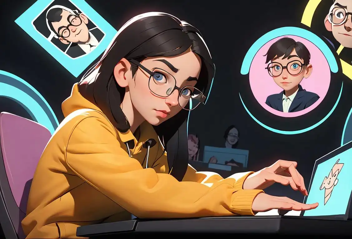 Young person sitting at a computer, wearing glasses, surrounded by virtual security icons and lock symbols.
