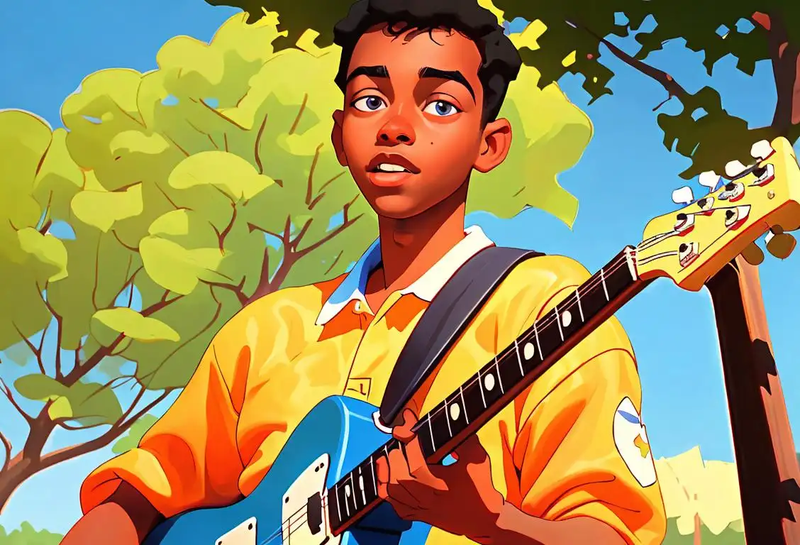 Young man playing a guitar in a sunny park, wearing colorful vintage clothes, capturing the essence of Steve Lacy's music..