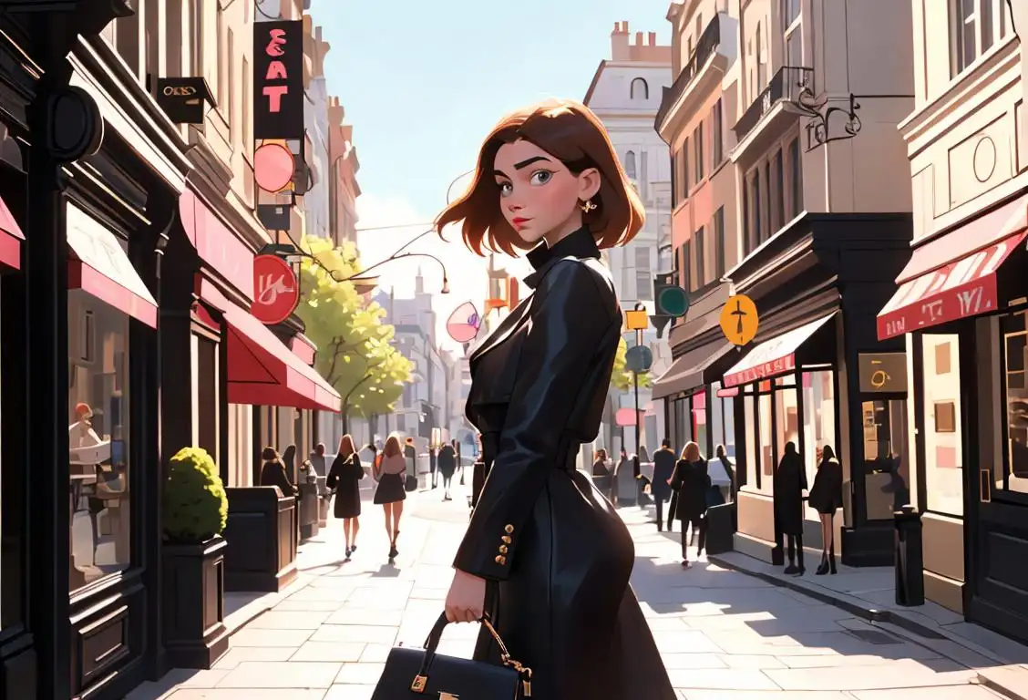 A fashionable young woman holding a Louis Vitton bag, walking through a bustling city street lined with high-end designer boutiques..