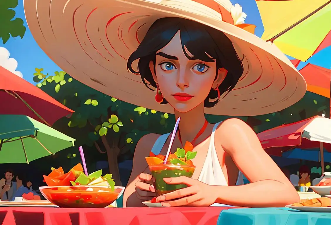 A person holding a bowl of colorful gazpacho, wearing a straw hat, sitting in a vibrant outdoor market..
