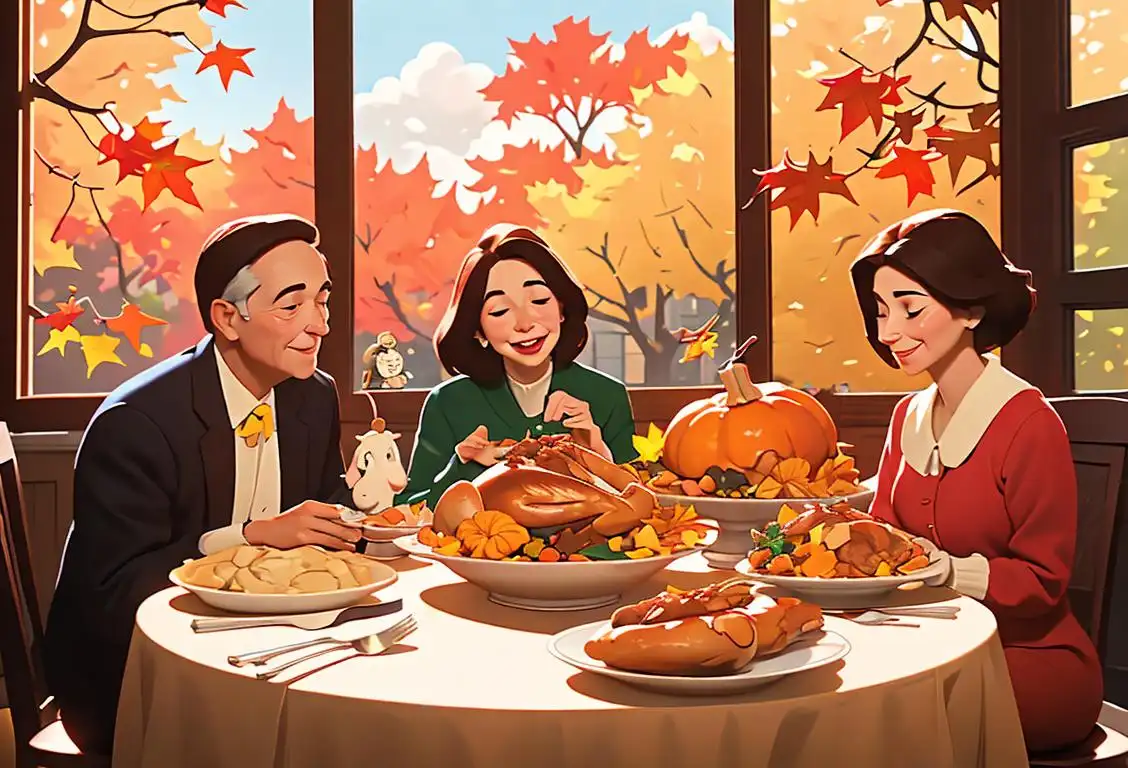 Joyful family gathered around a beautifully set table, a classic Thanksgiving spread, colorful autumn leaves outside the window..