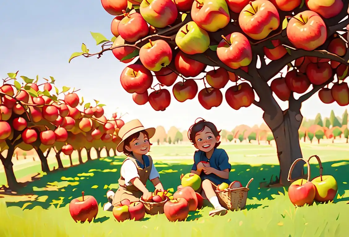 Smiling children picking apples in a sunny orchard, wearing adorable vintage outfits, surrounded by baskets and apple trees..