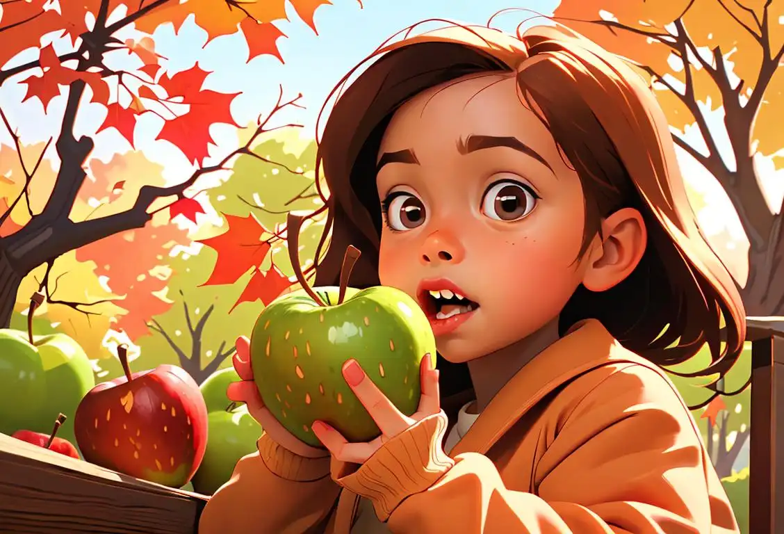 Young child happily biting into a caramel apple, wearing a cozy sweater, autumn leaves falling in a colorful park..