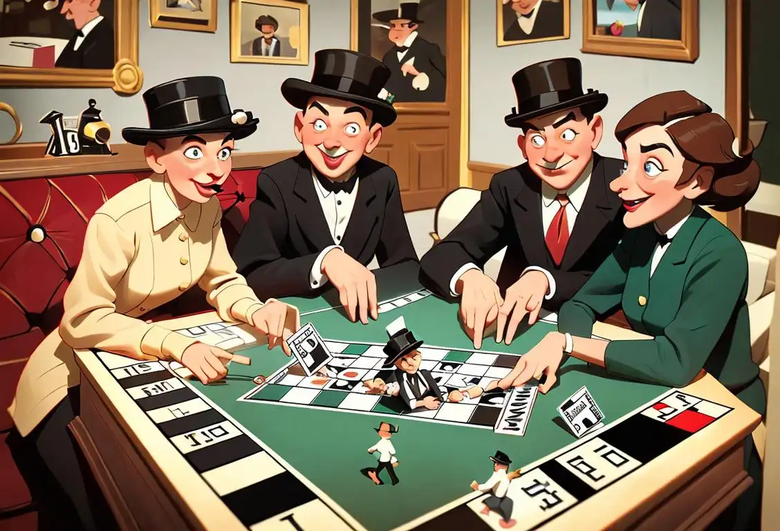 A joyful group of people gathered around a Monopoly board, with vintage attire and a nostalgic living room setting..