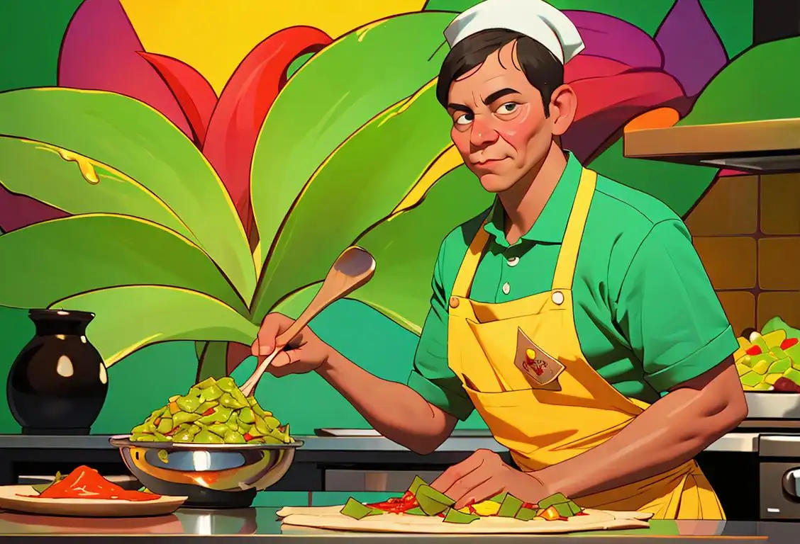 A person preparing spicy guacamole in a vibrant kitchen, wearing a chef's hat, colorful apron and surrounded by Mexican-inspired decor..
