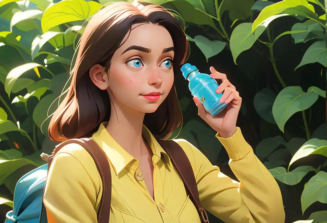 Young woman in eco-friendly outfit, surrounded by lush greenery, holding a reusable water bottle, with a happy earth pin on her bag..