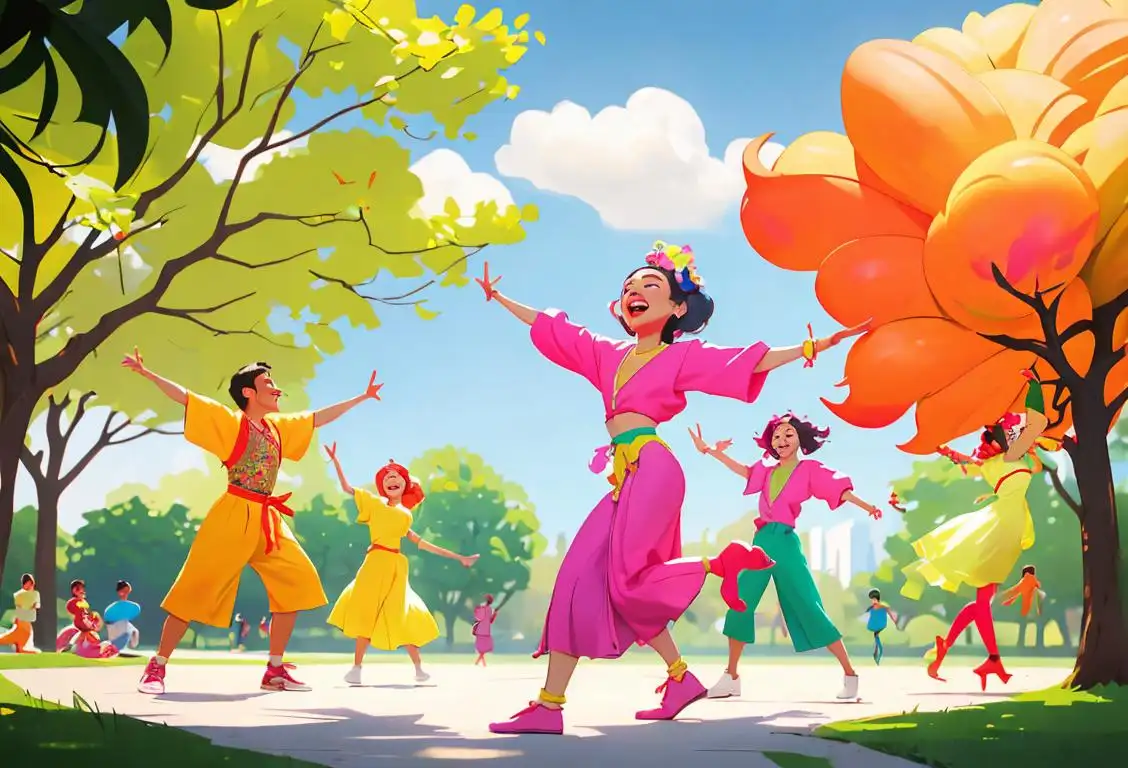 A group of people dressed in colorful and mismatched outfits, dancing and laughing in a park..