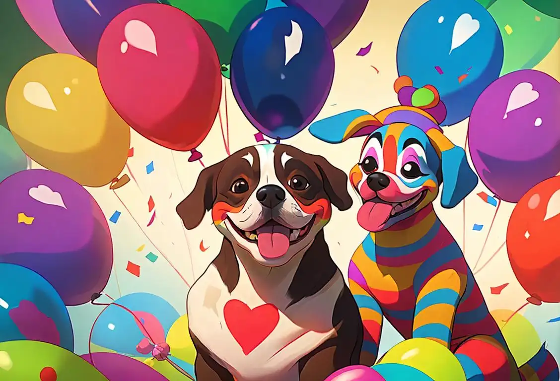 Happy dog wearing a colorful clown hat, surrounded by balloons and confetti in a playful, circus-themed setting..