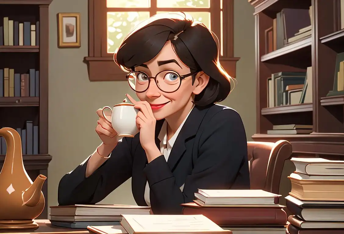 Cheerful library worker with glasses, holding a stack of books, surrounded by cozy reading nooks and a warm cup of tea..