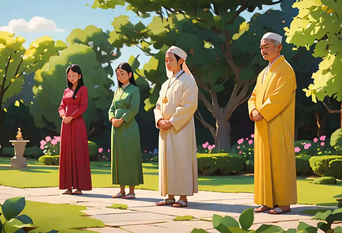 A diverse group of people, dressed in various cultural attire, standing in prayer with their hands clasped and eyes closed, in a peaceful garden setting..