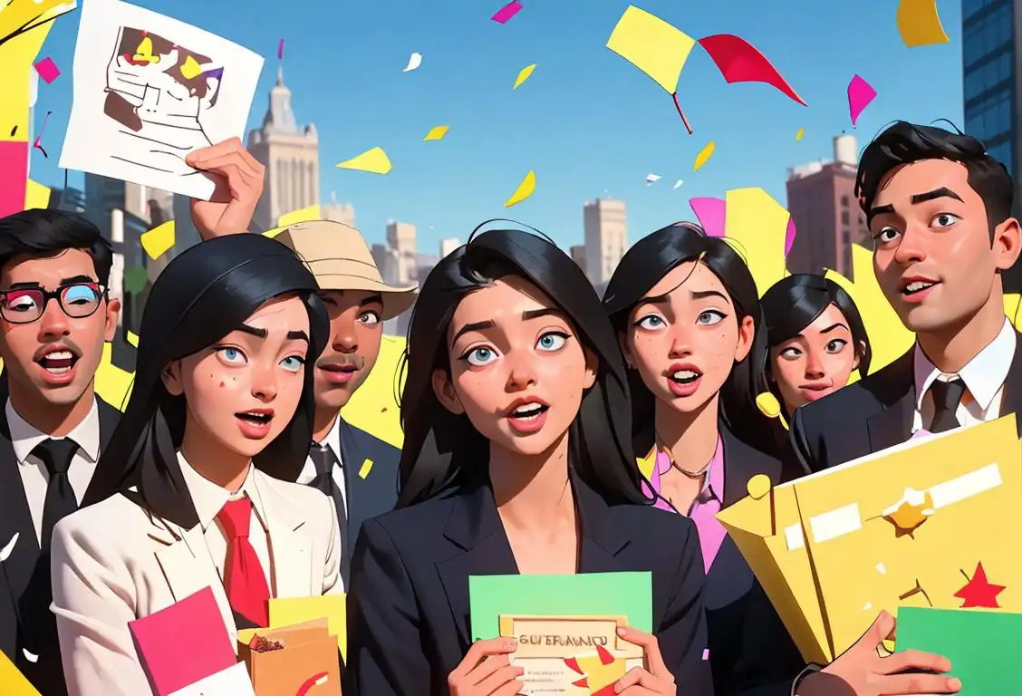 A diverse group of interns celebrating with confetti, dressed in professional attire from different industries, against a vibrant city backdrop..