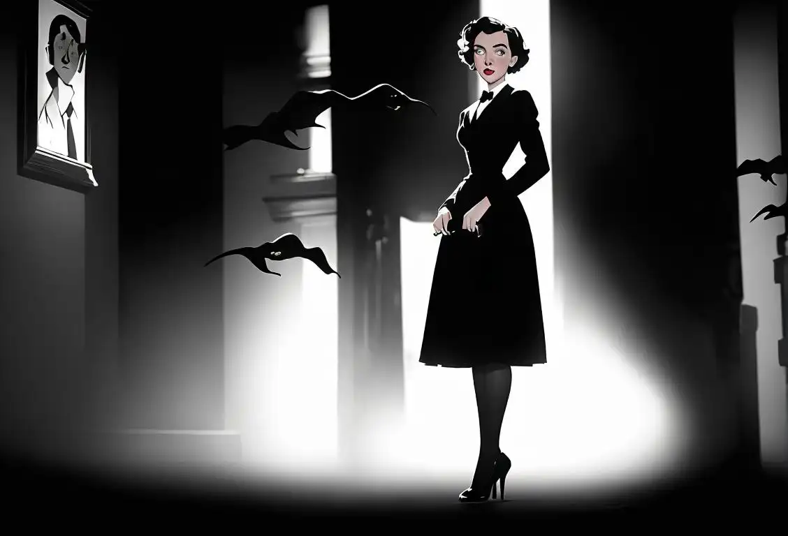 A young woman with a curious expression, dressed in classic 1950s fashion, standing in front of a murky silhouette representing mystery.