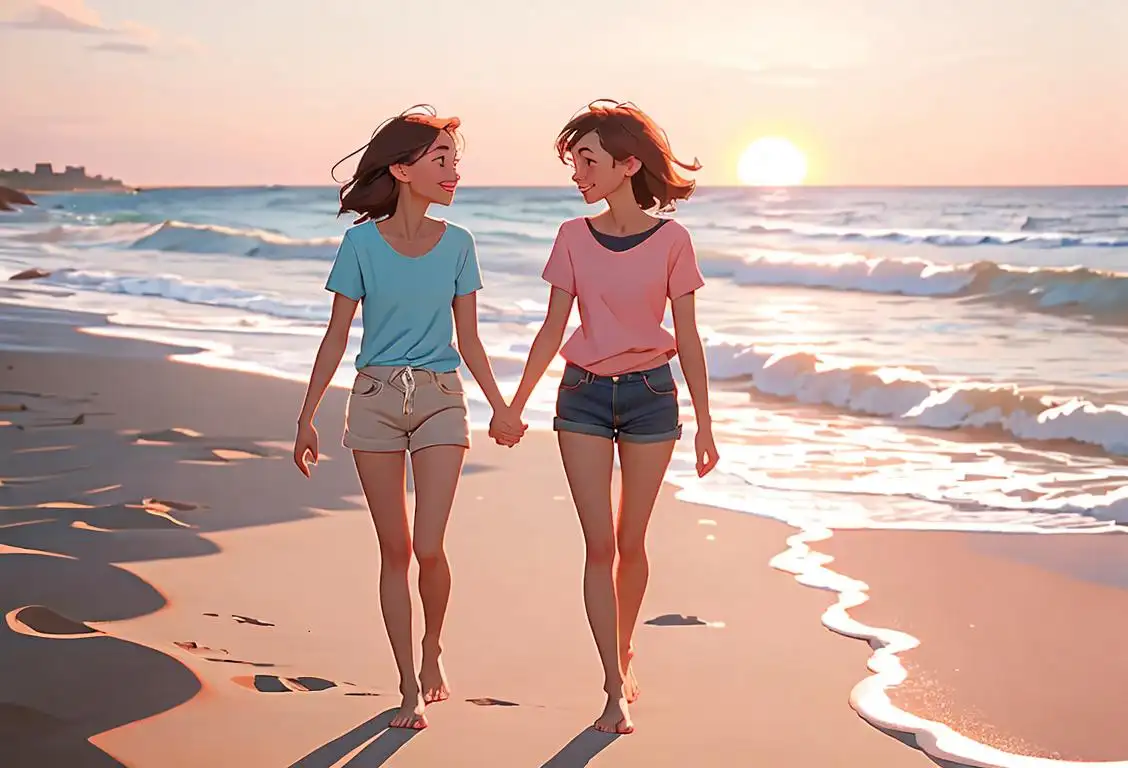Two best friends holding hands, walking on a sandy beach at sunset, wearing matching friendship bracelets and comfortable, casual summer outfits..