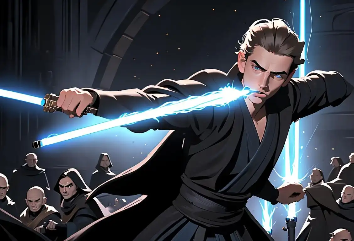 Hayden Christensen wielding a lightsaber, sporting a Jedi robe, amidst a galactic backdrop filled with epic battles and swirling midichlorians..