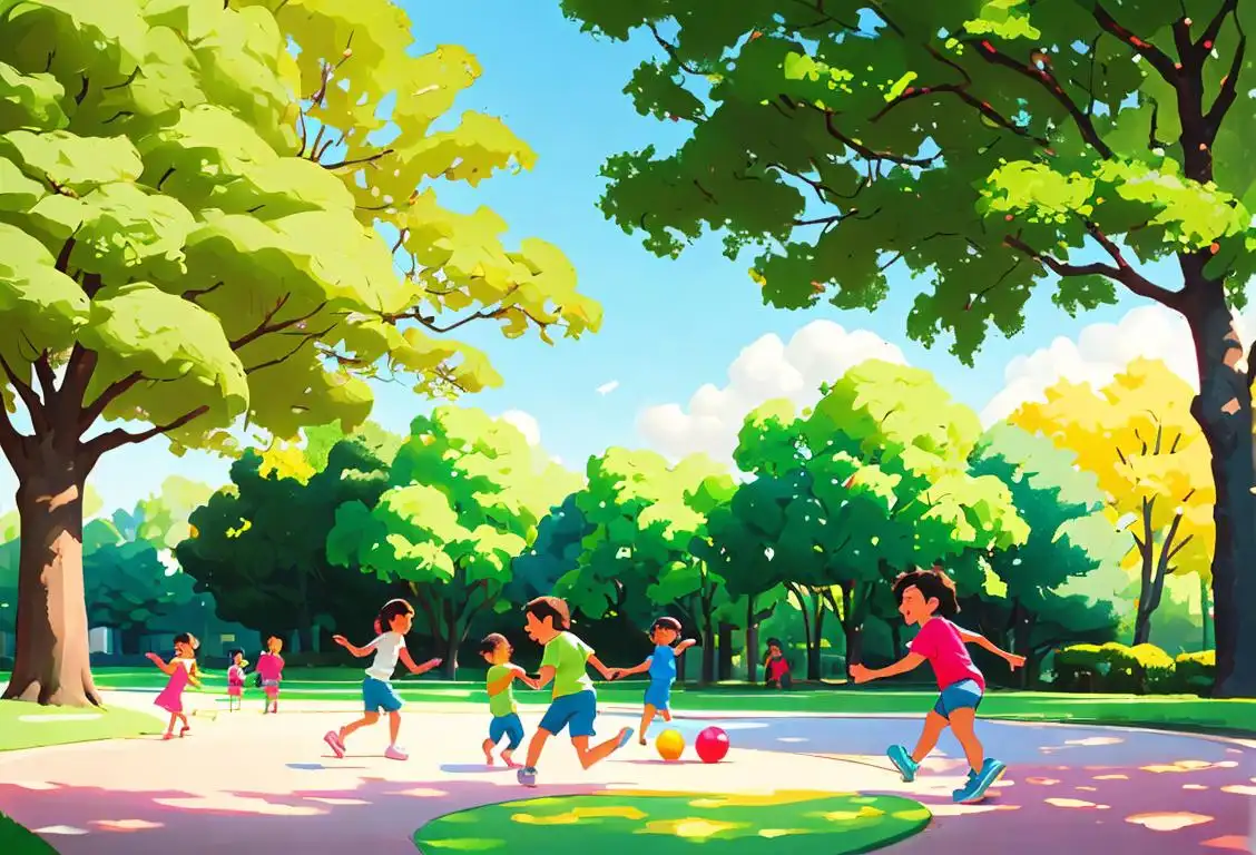 Happy kids playing on a colorful playground, wearing bright sneakers, surrounded by lush green trees and blue sky..