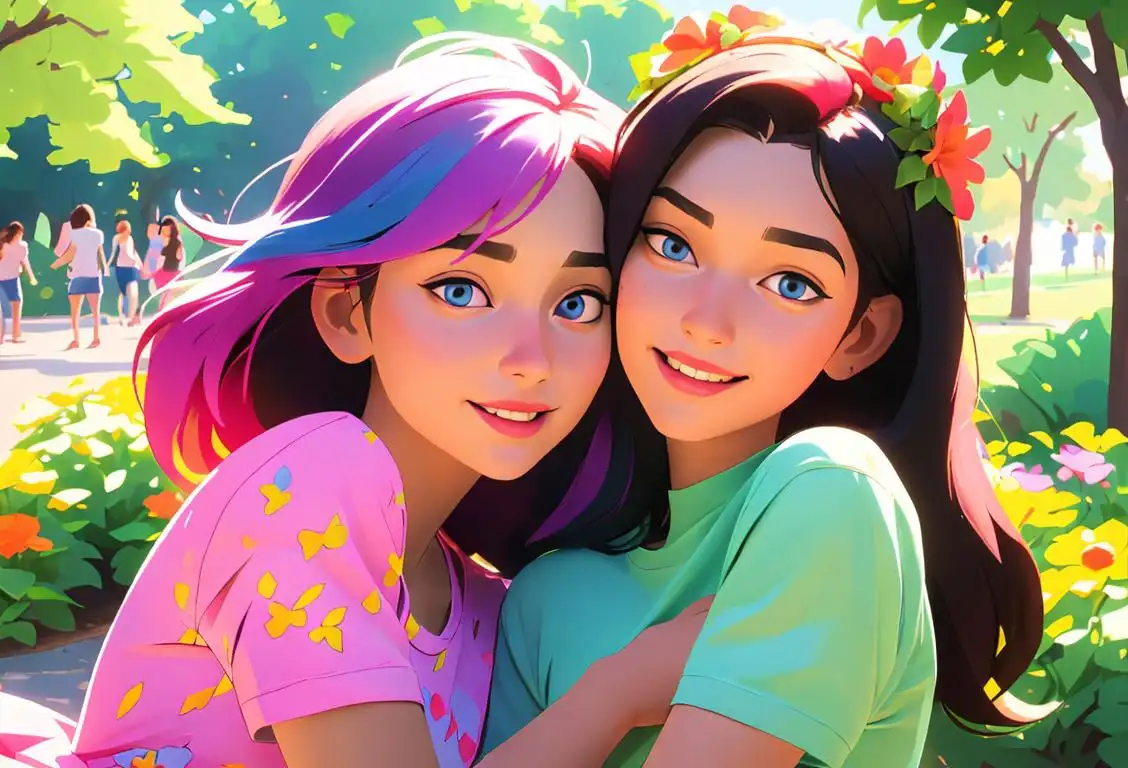 Two friends embracing each other tightly, one wearing a colorful summer dress with a flower crown, while the other wears a casual t-shirt and jeans, surrounded by a vibrant park scene..