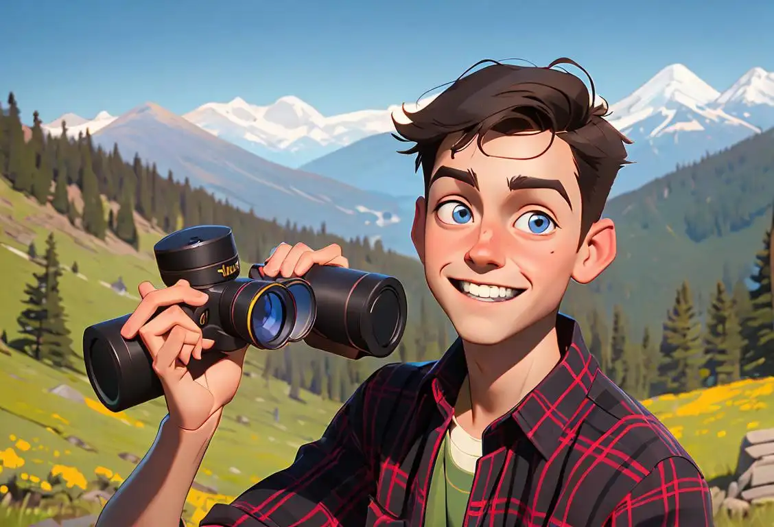 Young man named Jake wearing a plaid shirt, hiking in a picturesque mountain landscape, holding a binoculars and smiling..