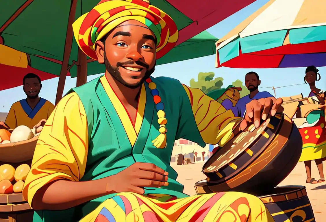 A smiling male artist playing traditional African instruments, wearing colorful traditional clothing, vibrant outdoor market setting..