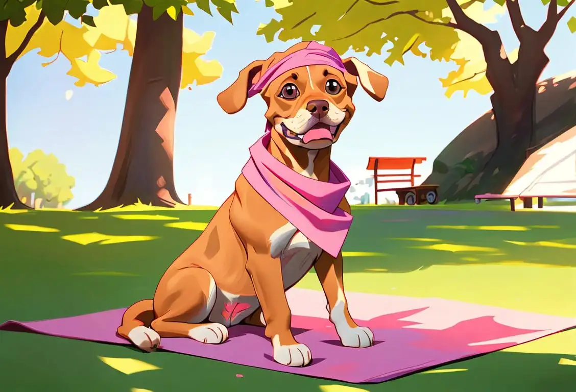A happy dog sitting in a sunlit park, wearing a colorful bandana, summer fashion vibes with kids playing in the background..