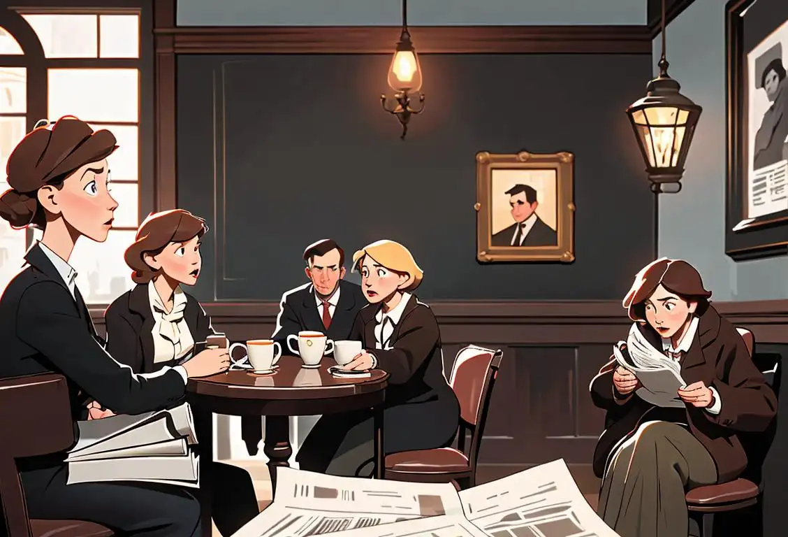 A group of people huddled around a newspaper, gasping in shock, as secrets spill out. Retro clothing, vintage surroundings, cozy coffee shop setting..