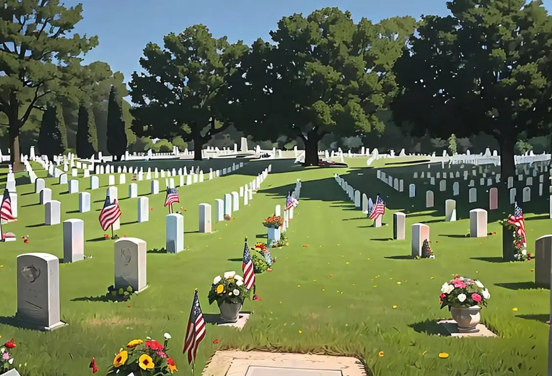 A peaceful scene at a national cemetery, with families gathered to honor and remember fallen heroes. People wearing patriotic clothing, holding American flags, surrounded by beautiful flowers and greenery..