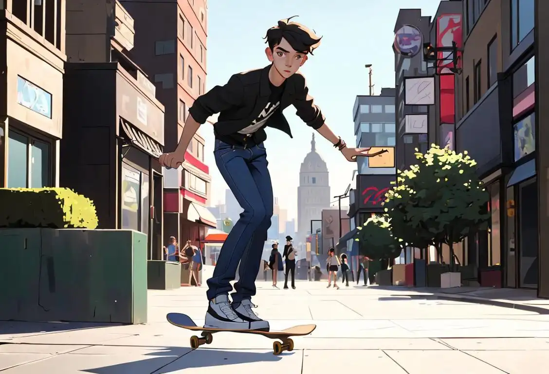 Young man named Seth Hart, wearing a trendy outfit, skateboarding in an urban city setting..