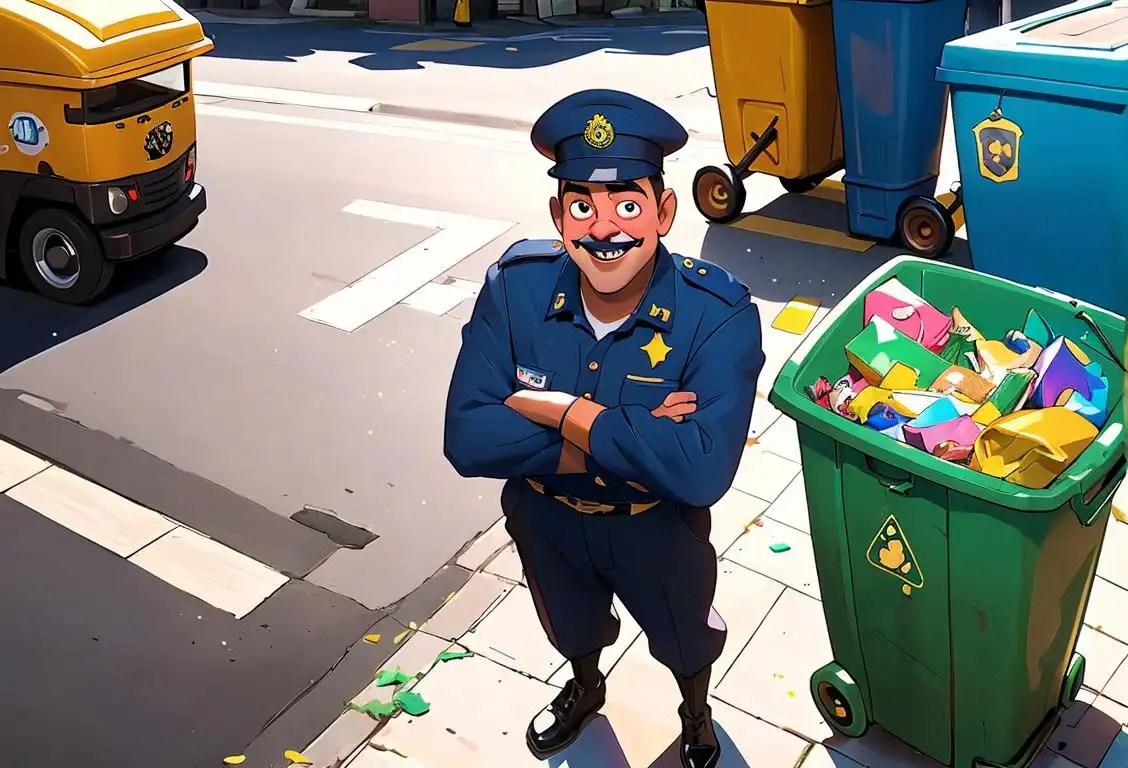 A cheerful garbage man in uniform, standing next to a sparkling clean street, surrounded by colorful garbage bins..