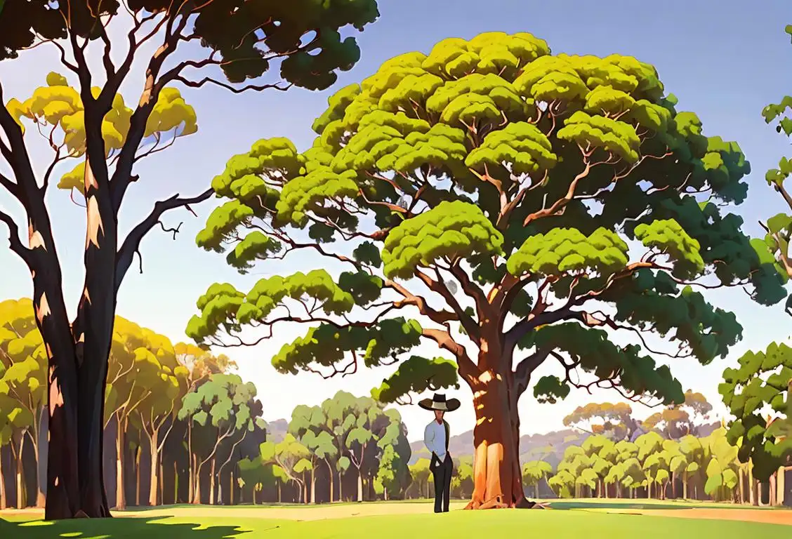 A person wearing a wide-brimmed hat, standing next to a towering eucalyptus tree in a vibrant Australian landscape..