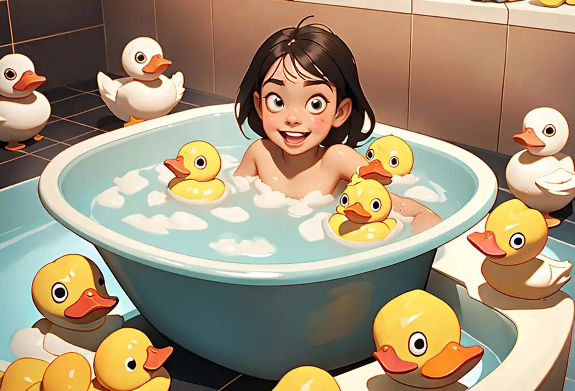 A happy child playing in the bath, surrounded by rubber ducks of different colors and sizes. Bath time fun!.