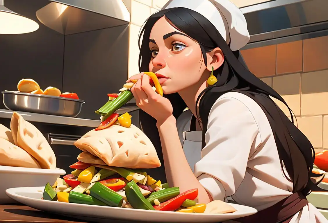 A woman enjoying a pita stuffed with colorful veggies, wearing a chef's hat, surrounded by a bustling kitchen..