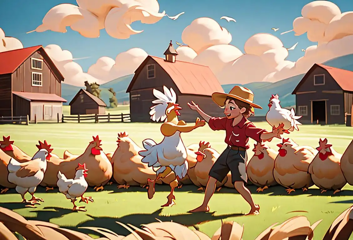 Young children in feathered boas and chicken hats, dancing together in a lively barnyard setting with hay bales and a big red barn in the background..